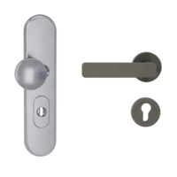 Silhouette product image in perfect product view shows the Griffwerk security combi set TITANO_882 in the version cylinder cover, round, brushed steel, clip on with the door handle MINIMAL MODERN