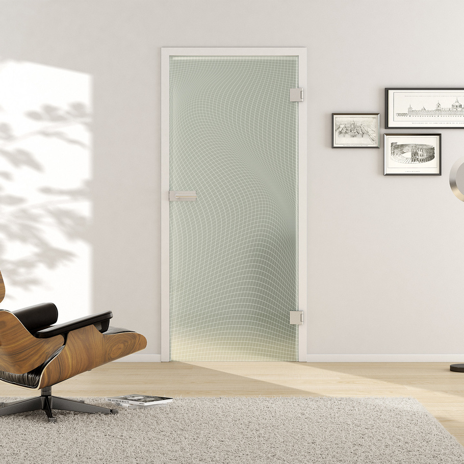 Ambientebild in Wohnraumsituation illustriert die Griffwerk Glasdrehtür 3D 673 in der Ausführung ESG BASIC GREEN matt