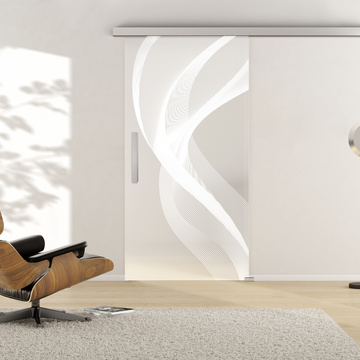 Ambientebild in Wohnraumsituation illustriert die Griffwerk Glasschiebetür 3D 636 in der Ausführung VSG PURE WHITE matt