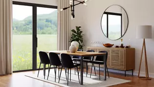 Comedor con puerta corredera elevable y manilla corredera elevable Lucia de Griffwerk La ilustración muestra un comedor con puerta corredera elevable y manilla corredera elevable negra LUCIA de Griffwerk.