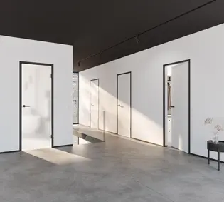 Living room with lineart The picture shows a living room with four doors, all of which have the flush frames "Lineart" from Griffwerk.