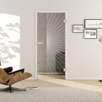Wohnsituation mit zeigt die GRIFFWERK Glastür Lines_LD_650 in der Ausführung DIN rechts - Drehtür Bohrung Studio/Office - Einscheibensicherheitsglas PURE WHITE Laser einseitig 