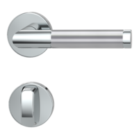 Freigestelltes Produktbild im idealen Blickwinkel fotografiert zeigt die GRIFFWERK Rosettengarnitur LORITA in der Ausführung WC-Schließer - Edelstahl matt - Klipptechnik Innenansicht 
