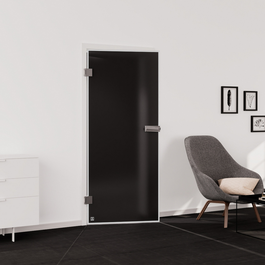 Wohnsituation zeigt die Glastür aus Einscheibensicherheitsglas (ESG) Laserdekor JETTE FRAME 815 in der Ausführung mattiert MOON GREY Bohrung Studio/Office Drehtür DIN L