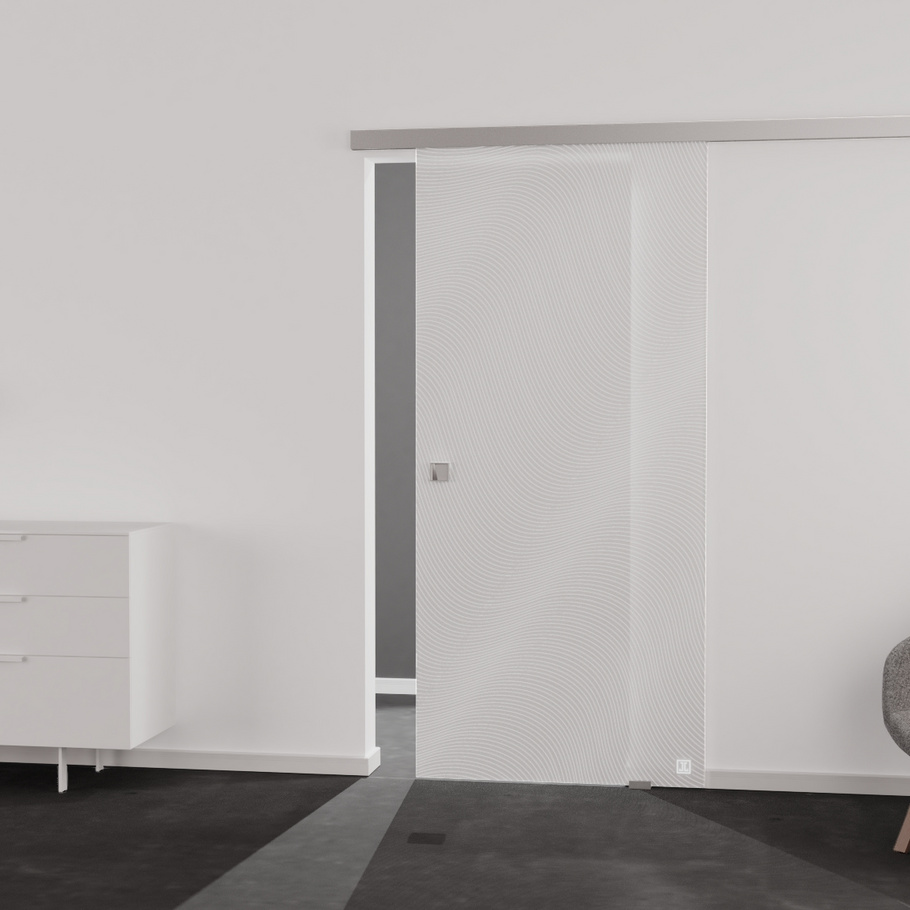Living situation which shows the glass door with tempered safety glass (ESG) laserdecor JETTE WAVE 563 in the vision frosted PURE WHITE drilling Studio/Office sliding door