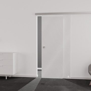 Wohnsituation zeigt die Glastür aus Einscheibensicherheitsglas (ESG) Laserdekor JETTE WAVE 563 in der Ausführung mattiert PURE WHITE Bohrung Studio/Office Schiebetür