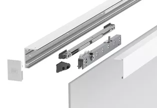 Die Abbildung zeigt PLANEO X120 mit 2 Laufrollen und den Softclose des Schiebetürsystems Planeo X120 von Griffwerk im Detail