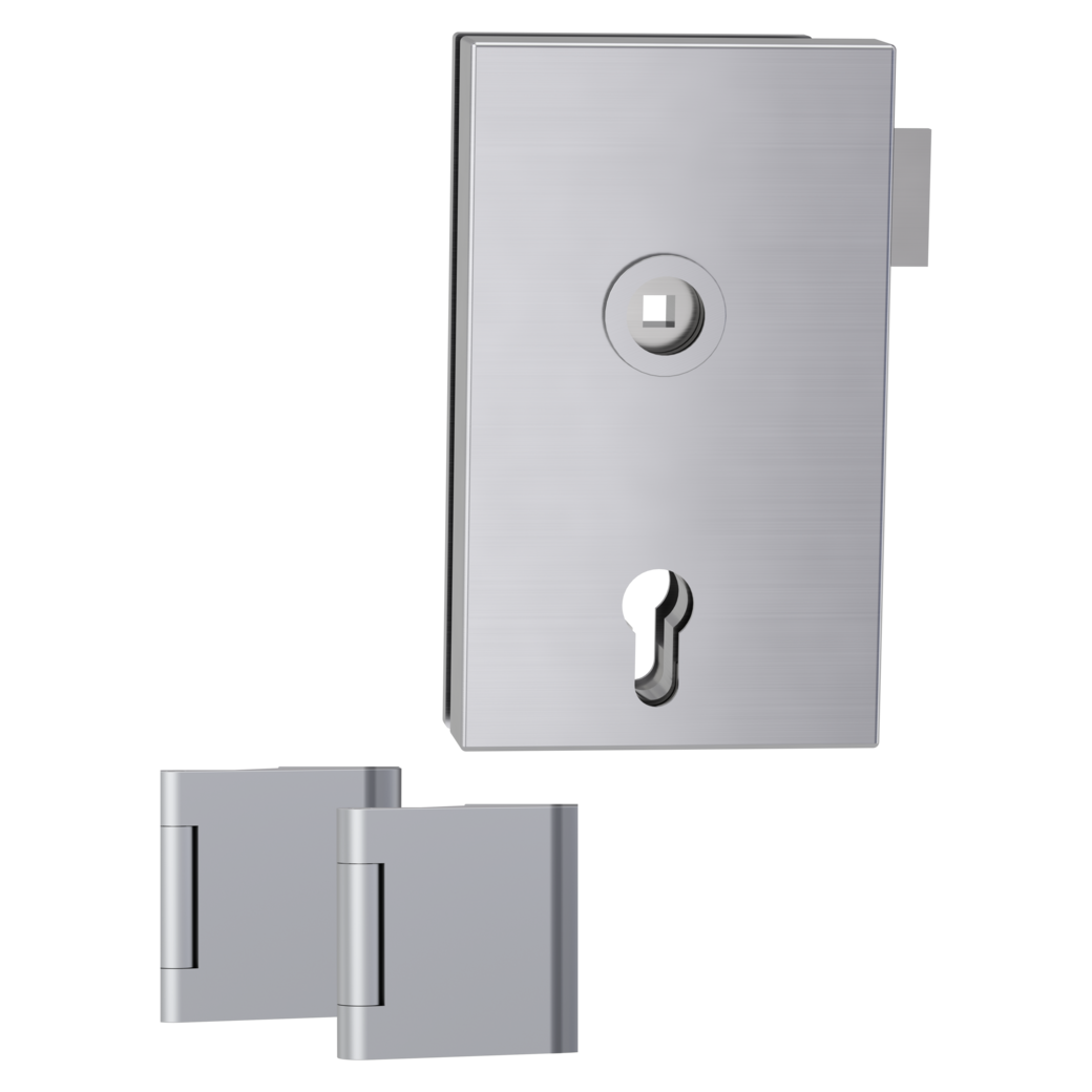 glass door lock set QUATTRO 1.0 euro profile L standard 3-part hinges brushed steel