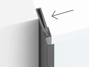 Technische Abbildung PLANEO AIR SILENT - Abdichtung durch Gummilippe Die Technik von PLANEO AIR SILENT – maximal effektiv, minimal sichtbar. Eine Gummilippe dichtet direkt in die Wandleibung ab.