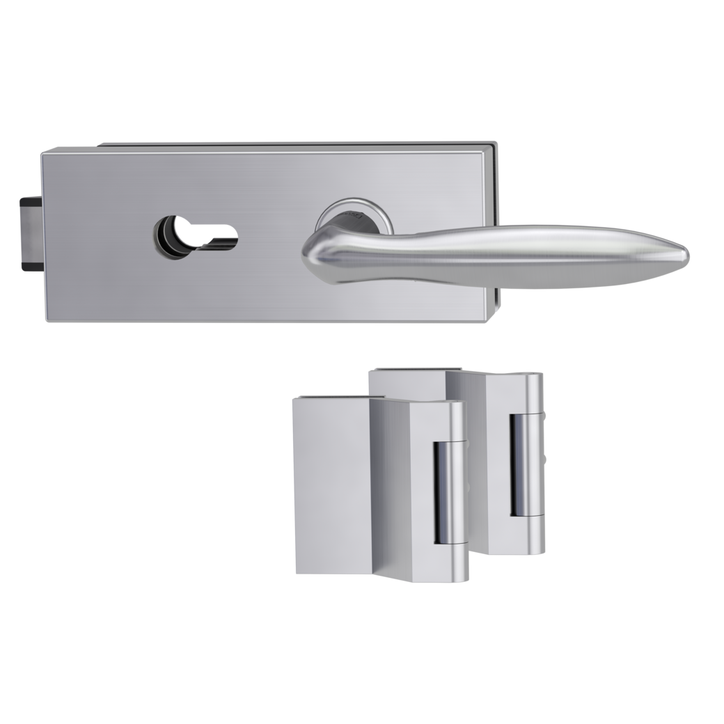 glass door lock set PURISTO S euro profile silent 3-part hinges VERONICA brushed steel