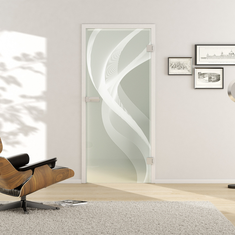 Ambientebild in Wohnraumsituation illustriert die Griffwerk Glasdrehtür 3D 636 in der Ausführung ESG BASIC GREEN matt