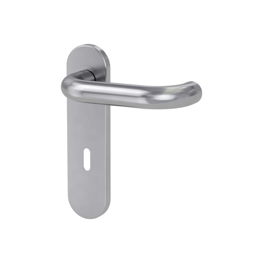 door handle set ALESSIA PROF screw on cl4 short plate round mortice lock brushed steel