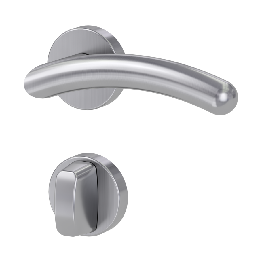 Freigestelltes Produktbild im nach links gedrehten Blickwinkel fotografiert zeigt die GRIFFWERK Rosettengarnitur SAVIA in der Ausführung WC-Schließer - Edelstahl matt - Klipptechnik Innenansicht