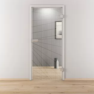 Wohnraum mit Diamond Doors Glasdrehtür LINES 558 ESG BASIC GREEN klar Ambientebild in Wohnraumsituation illustriert die Diamond Doors Glasdrehtür LINES 558 in der Ausführung ESG BASIC GREEN klar