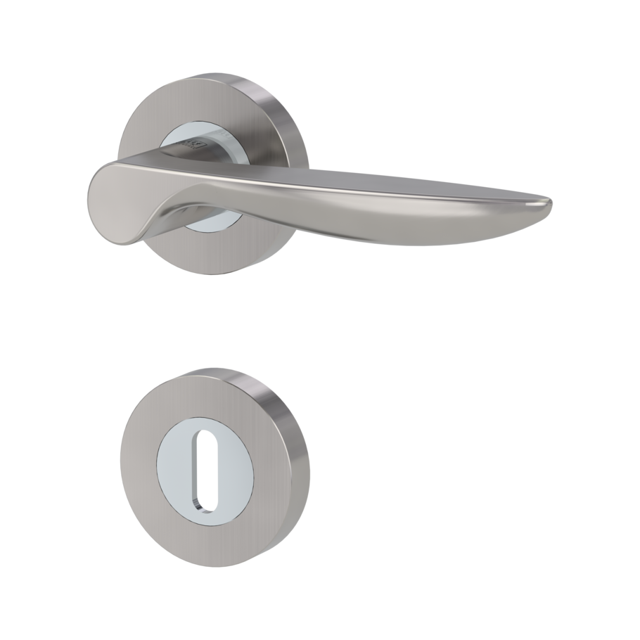 Isolated product image in the left-turned angle shows the GRIFFWERK door handle set FRANCESCA in the surface chrome/nickel matt version  mortice lock