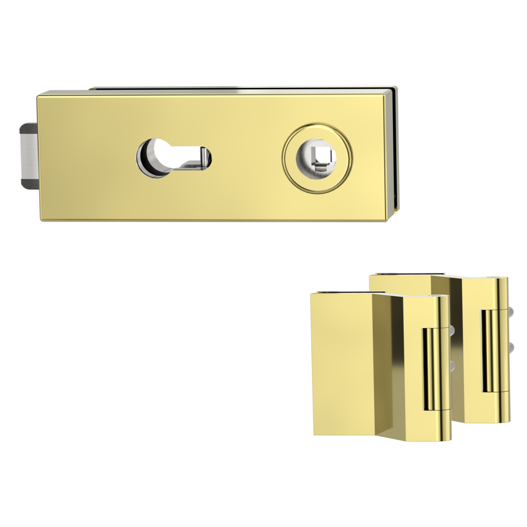 glass door lock set PURISTO S euro profile silent 3-part hinges brass look