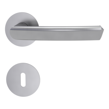 The image shows the Jette door handle set CRYSTAL in the version with rose set round mortice lock flat rose brushed steel