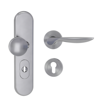 Silhouette product image in perfect product view shows the Griffwerk security combi set TITANO_882 in the version cylinder cover, round, brushed steel, clip on with the door handle FRANCESCA