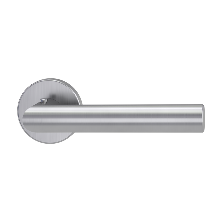 The image shows the Griffwerk door handle set LUCIA in the version with rose set round smart2lock 2.0 clip on brushed steel