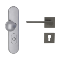 Silhouette product image in perfect product view shows the Griffwerk security combi set TITANO_882 in the version cylinder cover, square, brushed steel, clip on with the door handle LEAF LIGHT KGR