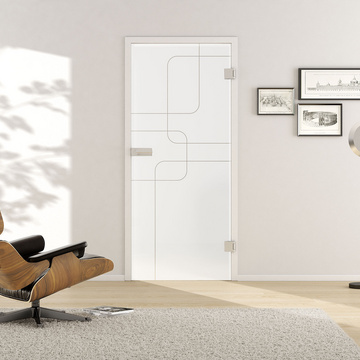 Wohnsituation mit zeigt die GRIFFWERK Glastür R8_567 in der Ausführung DIN rechts - Drehtür Bohrung Studio/Office - Einscheibensicherheitsglas PURE WHITE Siebdruck 