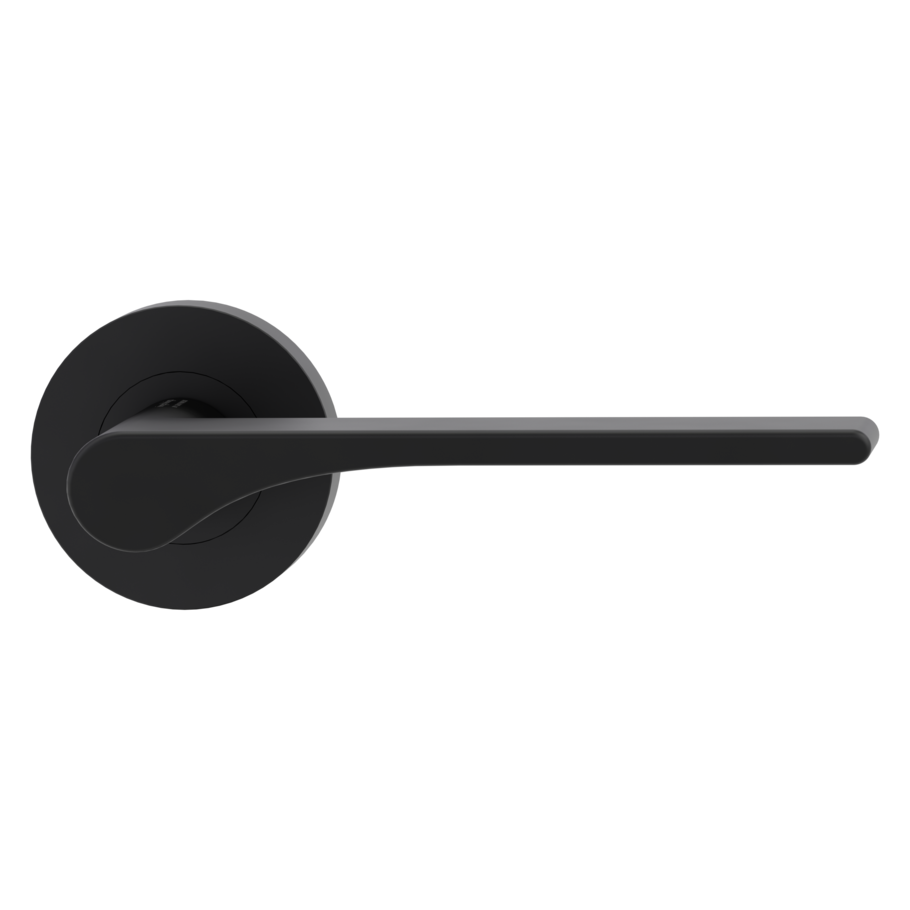 The image shows the Griffwerk door handle set LEAF LIGHT in the version with rose set round unlockable screw on graphite black