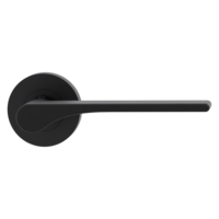 The image shows the Griffwerk door handle set LEAF LIGHT in the version with rose set round unlockable screw on graphite black