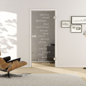 Living situation with shows the GRIFFWERK glass door Typo_LD_668 laser one side in the version revolving door - DIN right - studio / office - tempered safety glass PURE WHITE 