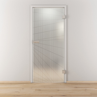 Ambientebild in Wohnraumsituation illustriert die Diamond Doors Glasdrehtür LINES 558 in der Ausführung ESG BASIC GREEN matt
