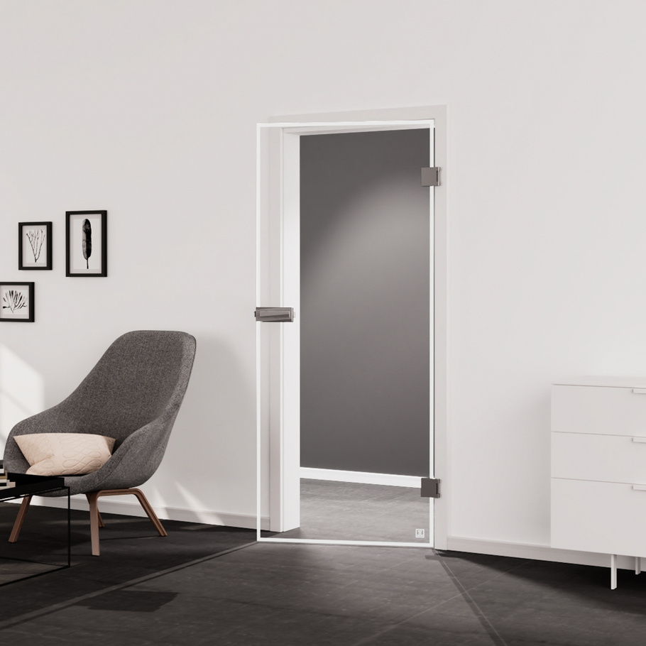 Ambient image in living situation illustrates the Jette Glass revolving door FRAME in the version TSG BASIC GREEN clear