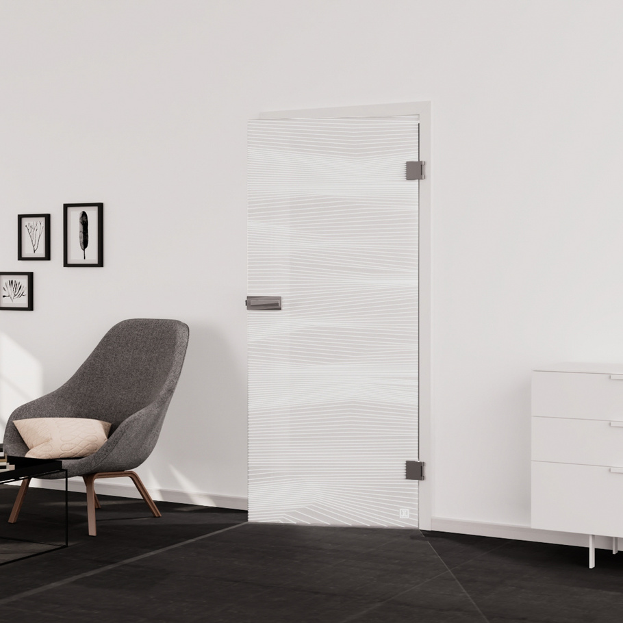Living situation which shows the glass door with tempered safety glass (ESG) silk screen print JETTE VISION 560 in the vision frosted PURE WHITE drilling Studio/Office revolving door DIN R