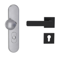 Silhouette product image in perfect product view shows the Griffwerk security combi set TITANO_882 in the version cylinder cover, square, brushed steel, clip on with the door handle MINIMAL MODERN