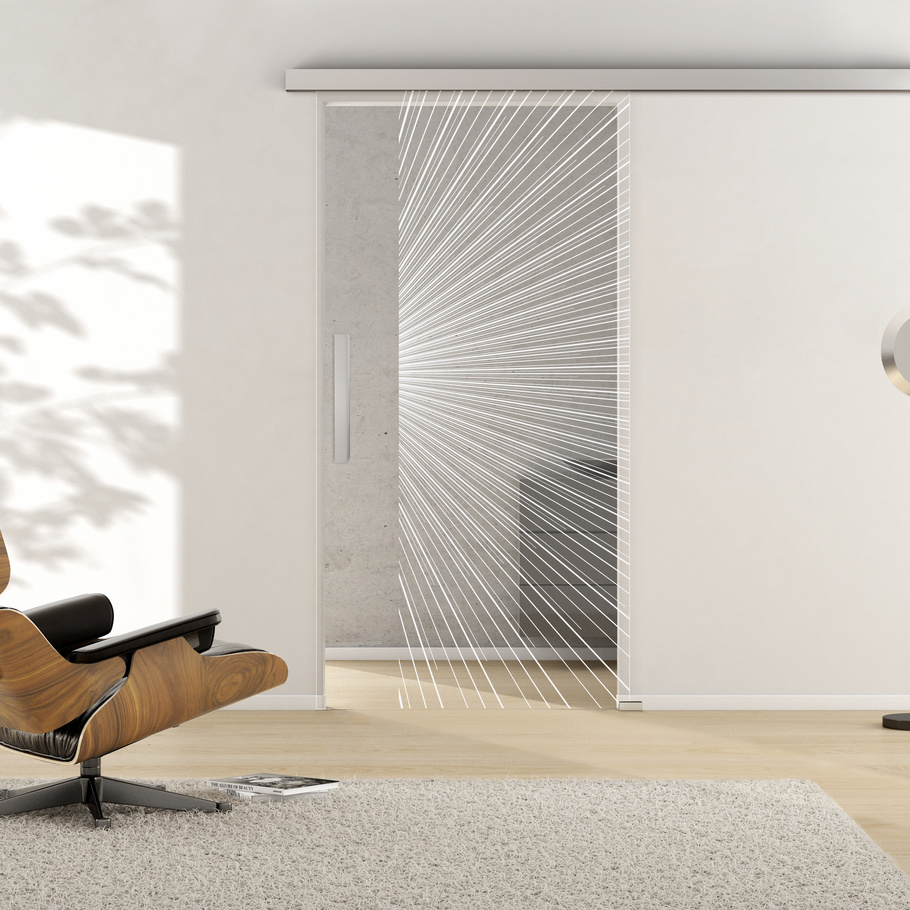 Ambientebild in Wohnraumsituation illustriert die Griffwerk Glasschiebetür LINES 650 in der Ausführung ESG PURE WHITE klar