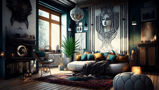 A room in modern bohemian style with a variety of quality furnishings and accessories. A door with the handle as a perfect complement to the interior design.