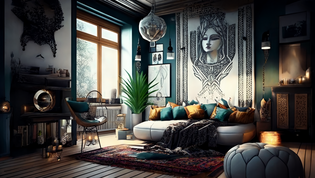 Inspirierendes modernes Raumdesign im Boheme Stil Ein Zimmer im modernen Boheme Stil mit einer Vielzahl von hochwertigen Einrichtungsgegenständen und Accessoires. Eine Tür mit dem Griff als perfekte Ergänzung zur Inneneinrichtung.