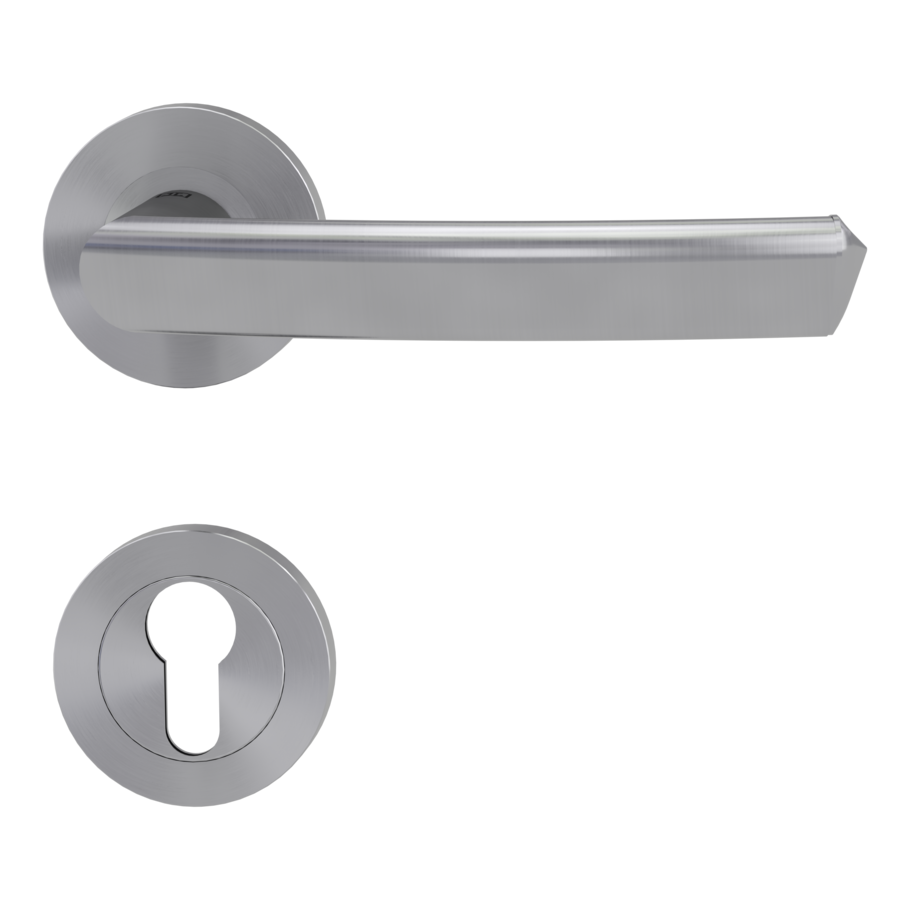The image shows the Jette door handle set CRYSTAL in the version with rose set round euro profile screw on brushed steel