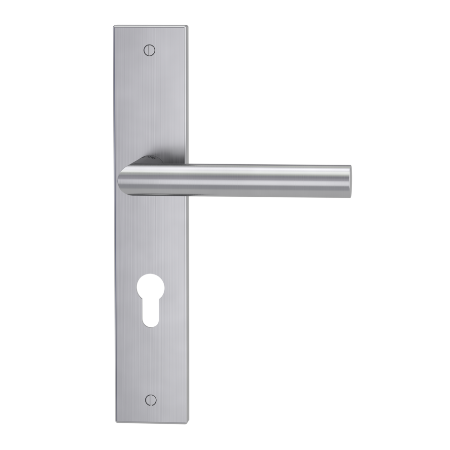 Isolated product image in perfect product view shows the GRIFFWERK long plate set LUCIO in the version euro profile - brushed steel - deco screw