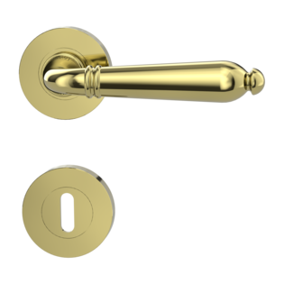 The image shows the Griffwerk door handle set CAROLA in the version with rose set round mortice lock screw on brass look