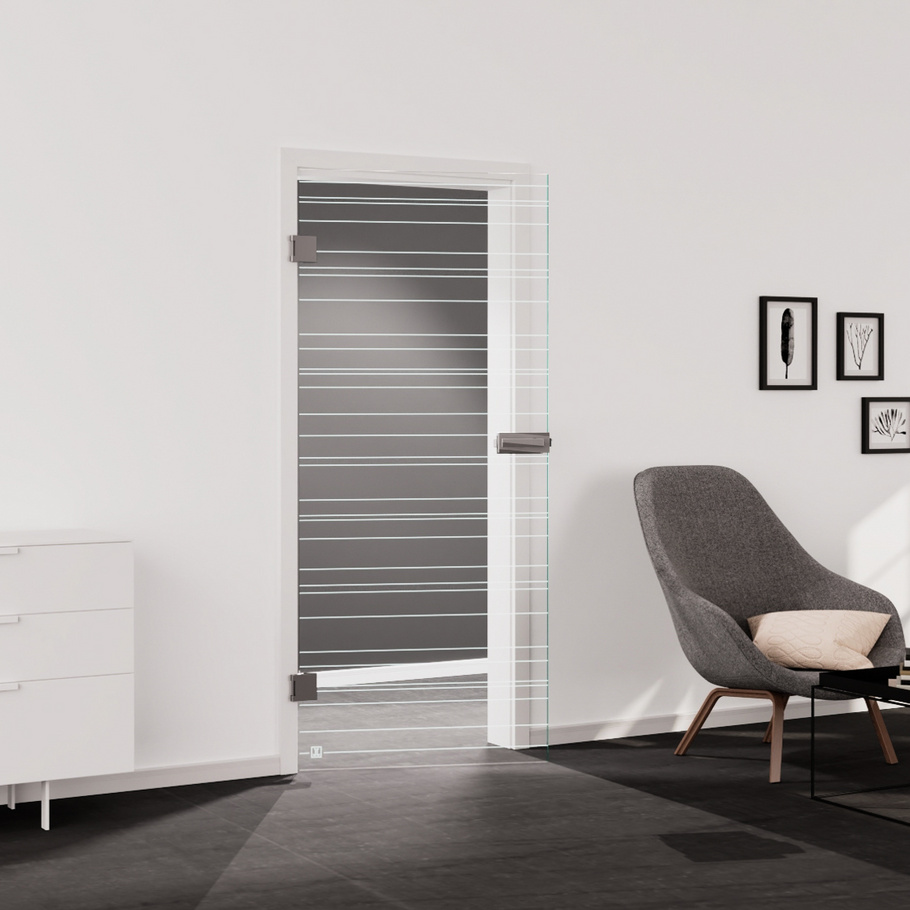 Living situation which shows the glass door with tempered safety glass (ESG) laserdecor JETTE LINES 814 in the vision clear BASIC GREEN drilling Studio/Office revolving door DIN L