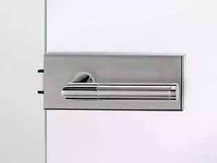 Illustration shows the GRIFFWERK glass door lock Puristo with door handle set Loredana