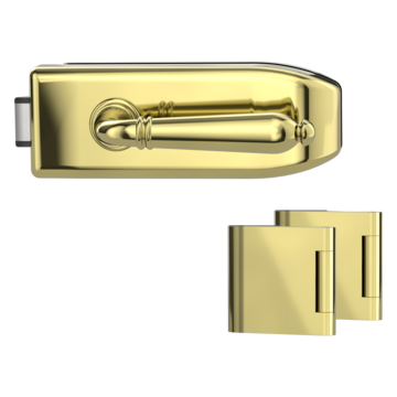 Silhouette product image in perfect product view shows the Griffwerk glass door lock set CREATIVO in the version unlockable, brass look, 3-part hinge set with the handle pair CAROLA