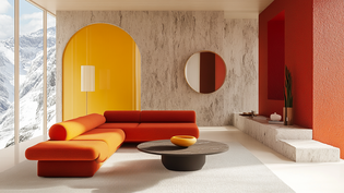 Salón con acentos de color La imagen muestra un salón con toques de color en rojo, naranja y amarillo.