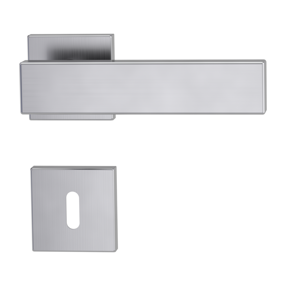 Isolated product image in perfect product view shows the GRIFFWERK rose set square CARLA SQUARE in the version mortice lock - brushed steel - clip on technique