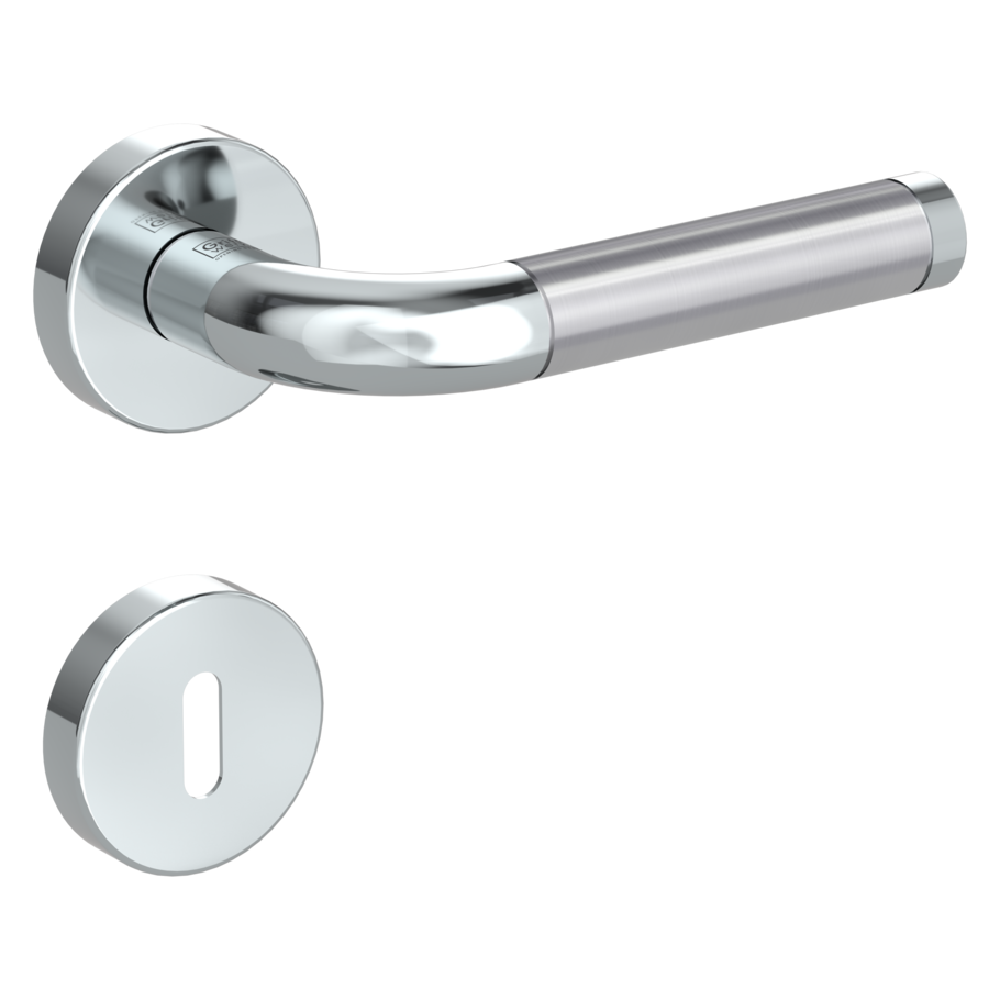 Isolated product image in the right-turned angle shows the GRIFFWERK rose set ADINA in the version mortice lock - polished/brushed steel - clip on technique