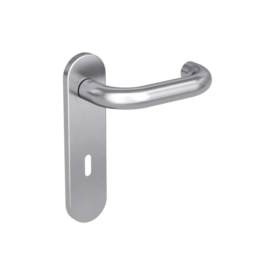 door handle set ALESSIA PROF screw on cl4 short plate round mortice lock brushed steel