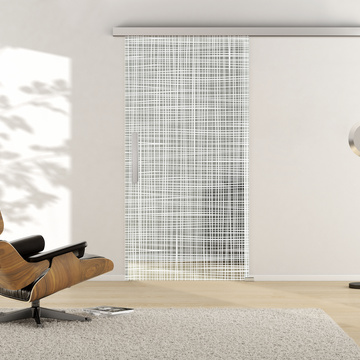 Ambientebild in Wohnraumsituation illustriert die Griffwerks Glastüre CANVAS_571 in der Ausführung  ESG BASIC GREEN klar 