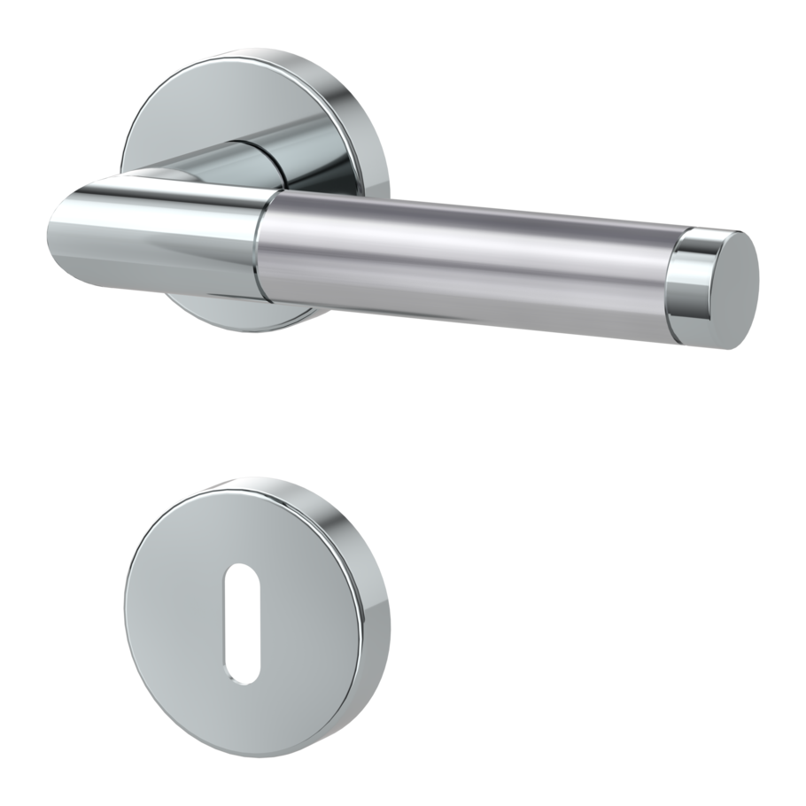 Isolated product image in the left-turned angle shows the GRIFFWERK rose set LOREDANA in the version mortice lock - polished/brushed steel - clip on technique