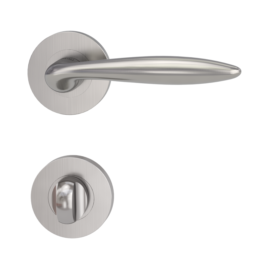 Isolated product image in perfect product view shows the GRIFFWERK handle pair LUCIA PIATTA S in the version smart2lock - brushed steel - flat rose