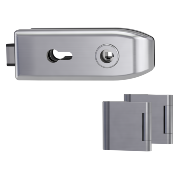 Silhouette product image in perfect product view shows the GRIFFWERK glass door lock set CREATIVO in the version unlockable, brushed steel, 3-part hinge set
