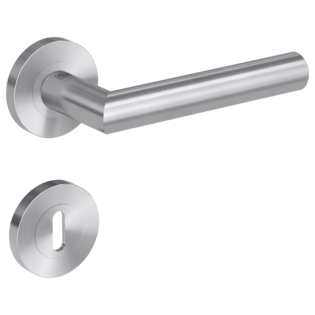 Isolated product image in the right-turned angle shows the GRIFFWERK rose set LUCIA PROF in the version mortice lock - brushed steel - screw on technique